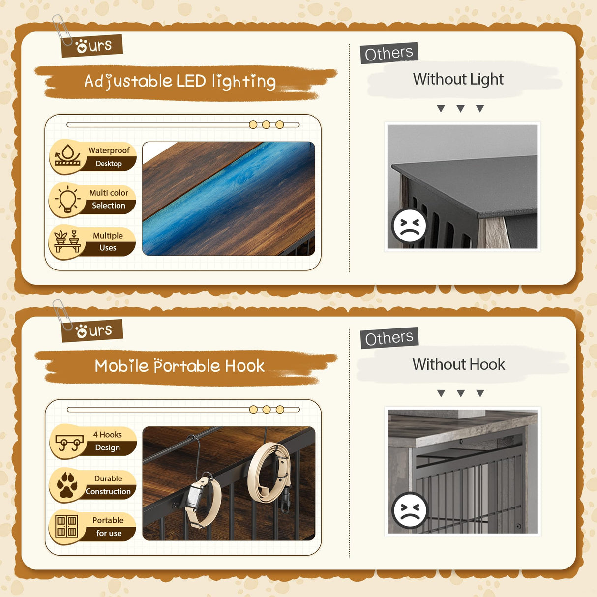 WARCAT Large Furniture Dog Crate, Heavy Duty Dog Crate, Dog Kennel Indoor, Wood Dog Cage Table with Adjustable Lighting Color, Sturdy Metal, 44" L×26" W×37" H, Brown WARCAT