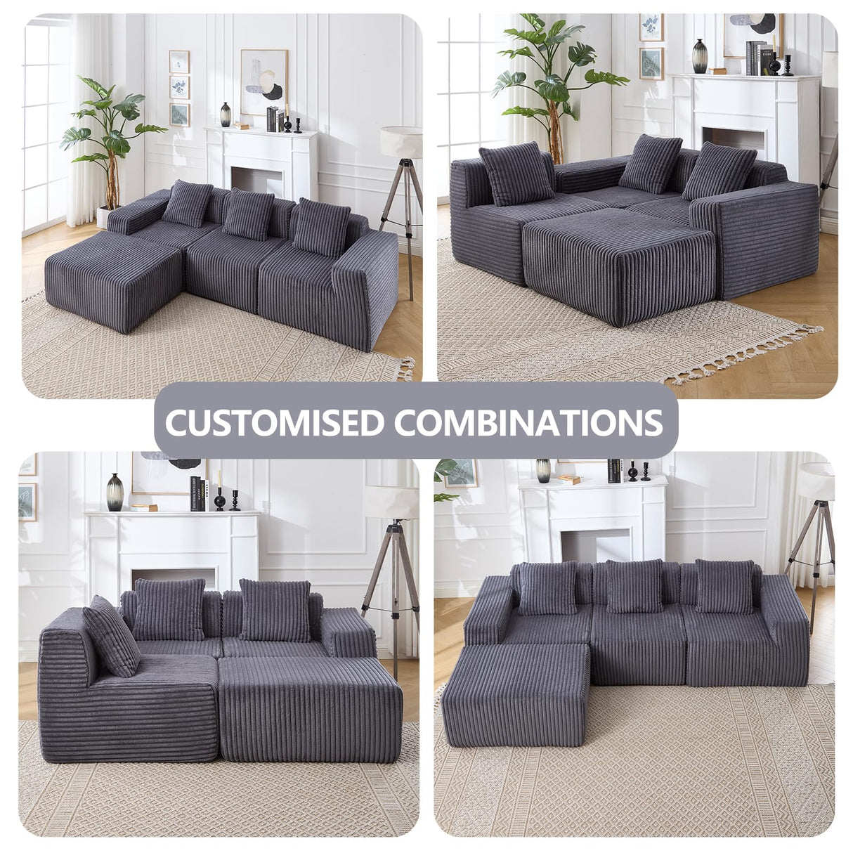 101'' Modular Sectional Sofa, Corduroy Cloud Couch with Ottomans, 3-Seater Convertible L-Shape Sofa with 3 Pillows, Sponge Compression Sofas for Living Room, No Assembly Required, Dark Gray Cesgyfut