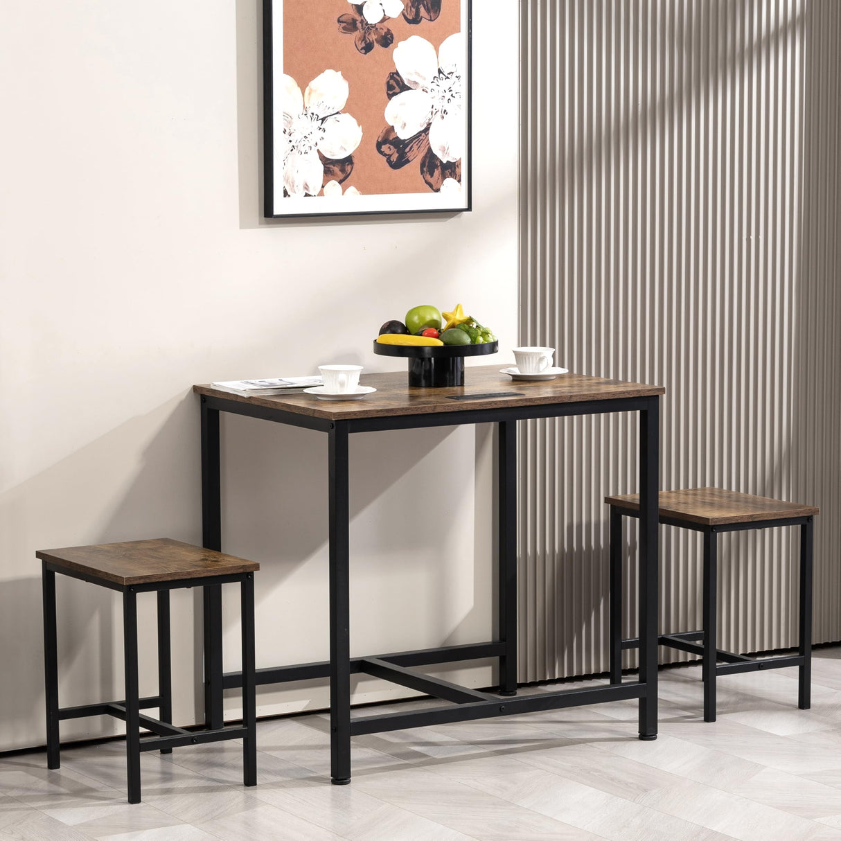 Finnhomy 3-Piece Dining Table Set, Small Kitchen Table with 2 Chairs, LED Light and USB Type-C Power Outlet, Space-Saving Design for Dining Room, Living Room, Apartment, Rustic Brown Finnhomy