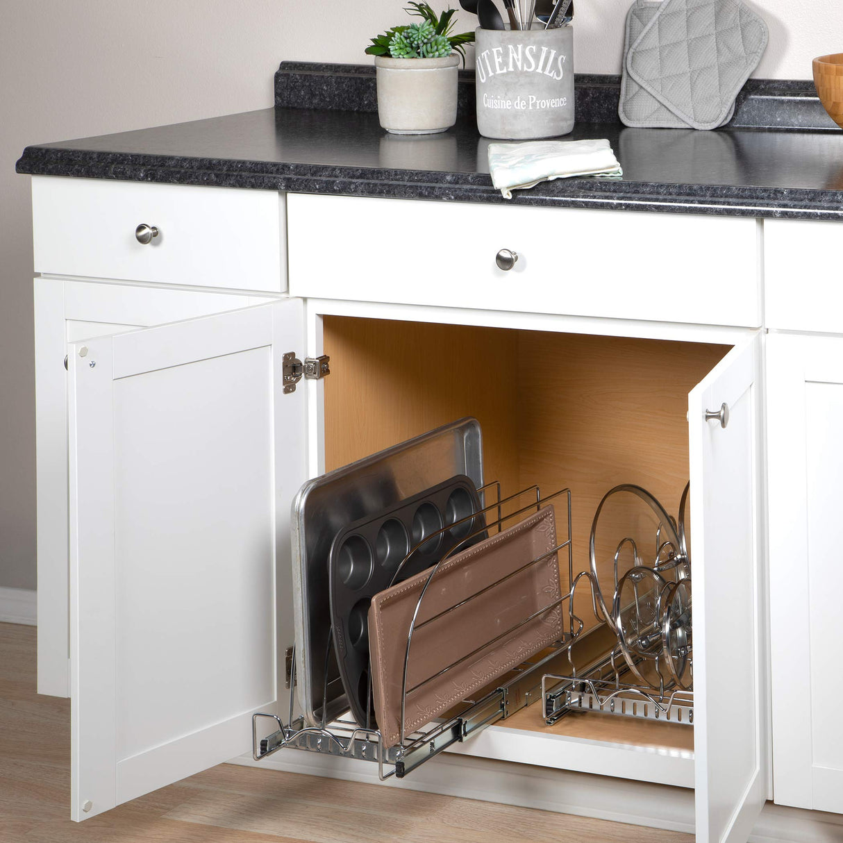 HOLDN’ STORAGE Pull Out Organizer for Cookie Sheet, Cutting Board, Bakeware, and Tray, Sliding Rack- Heavy Duty - Lifetime Limited Warranty - for Under Sink/Under Cabinet, 8.5”W x 21”D x 11”H, Chrome HOLDN’ STORAGE