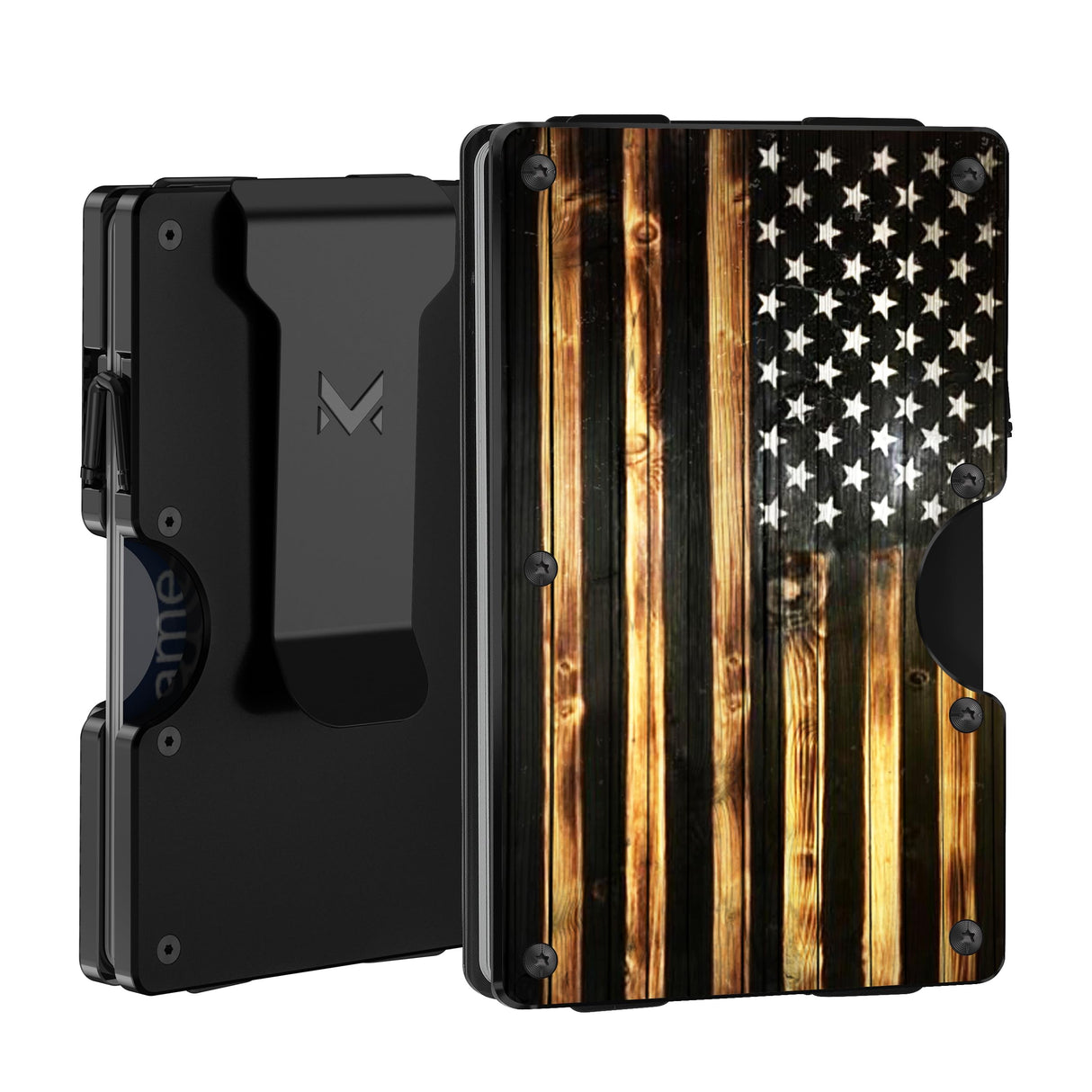 MIFANYO Minimalist Aluminum Wallet for Men, Slim RFID Blocking Money Clip, Front Pocket Metal Card Holder for Business Travel, Wood Grain American Flag, Personalized USA Gift for Soldiers Veteran MIFANYO