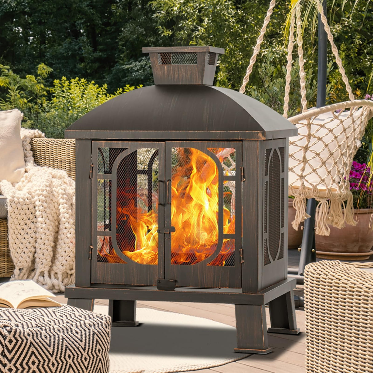Panovue 45" H×31''W Metal Chiminea Fire Pit with Grill, Wood Burning Fire Pits for Outside,Square Chimineas Fireplace with Mesh Spark Screen Door& Fire Poker for Garden,Yard,BBQ,Bonfire Panovue