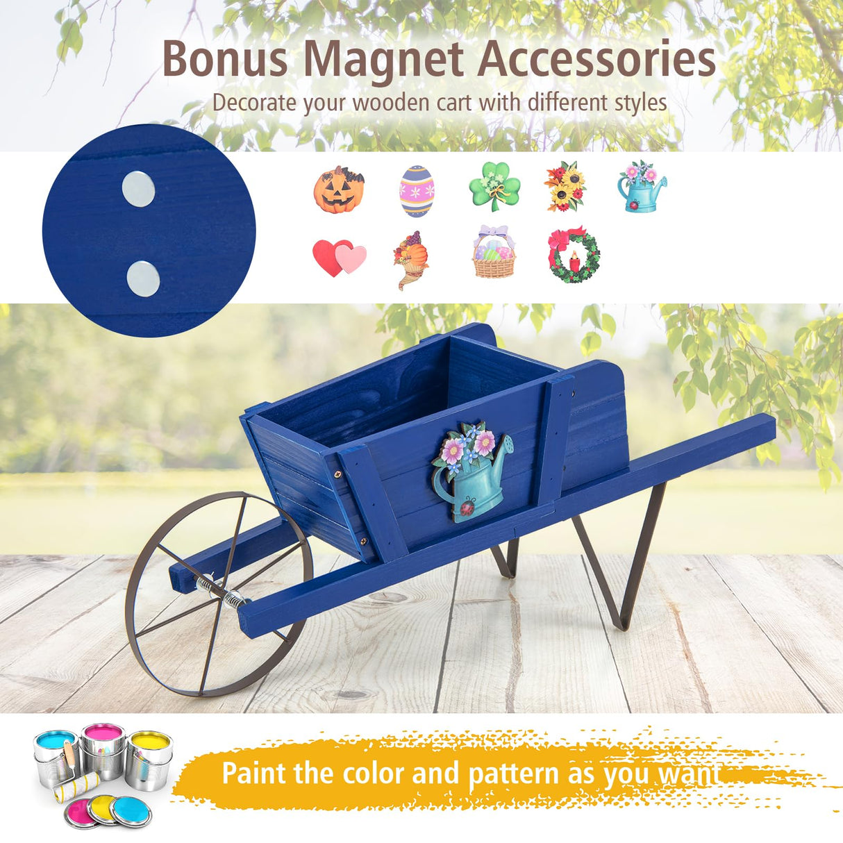 Giantex Wooden Wagon Planter, Small Wheelbarrow Wagon Flower, Indoor & Outdoor Raised Bed W/ 9 Magnetic Accessories, Wheel, 2 Handle, Wood Flower Cart Planter for Garden Backyard Holiday (Blue) Giantex