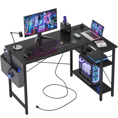 TIQLAB L Shaped Computer Desk with Power Outlets, 47 Inch Small Corner Desk with Reversible Shelves, Gaming Desk Computer Table Study Writing Table for Home Office Bedroom Small Space, Black