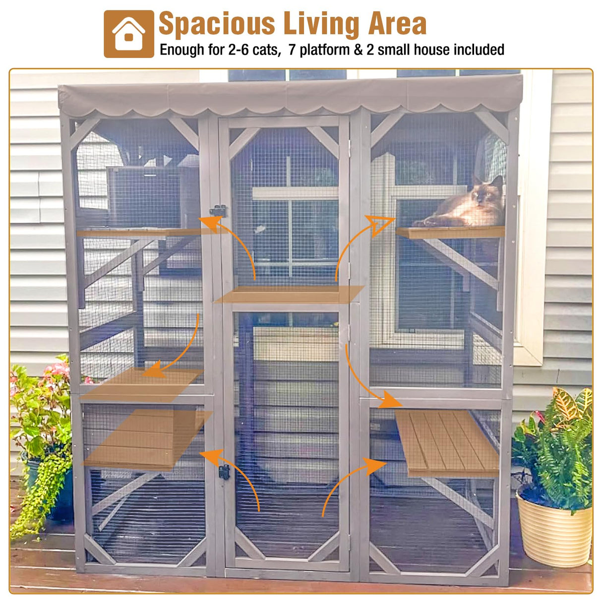 Large Catio Outdoor Cat Enclosure with Condos, Wood Catio Walk in Cat House, Kitty Shelter Indoor with Waterproof Roof Suumerpety