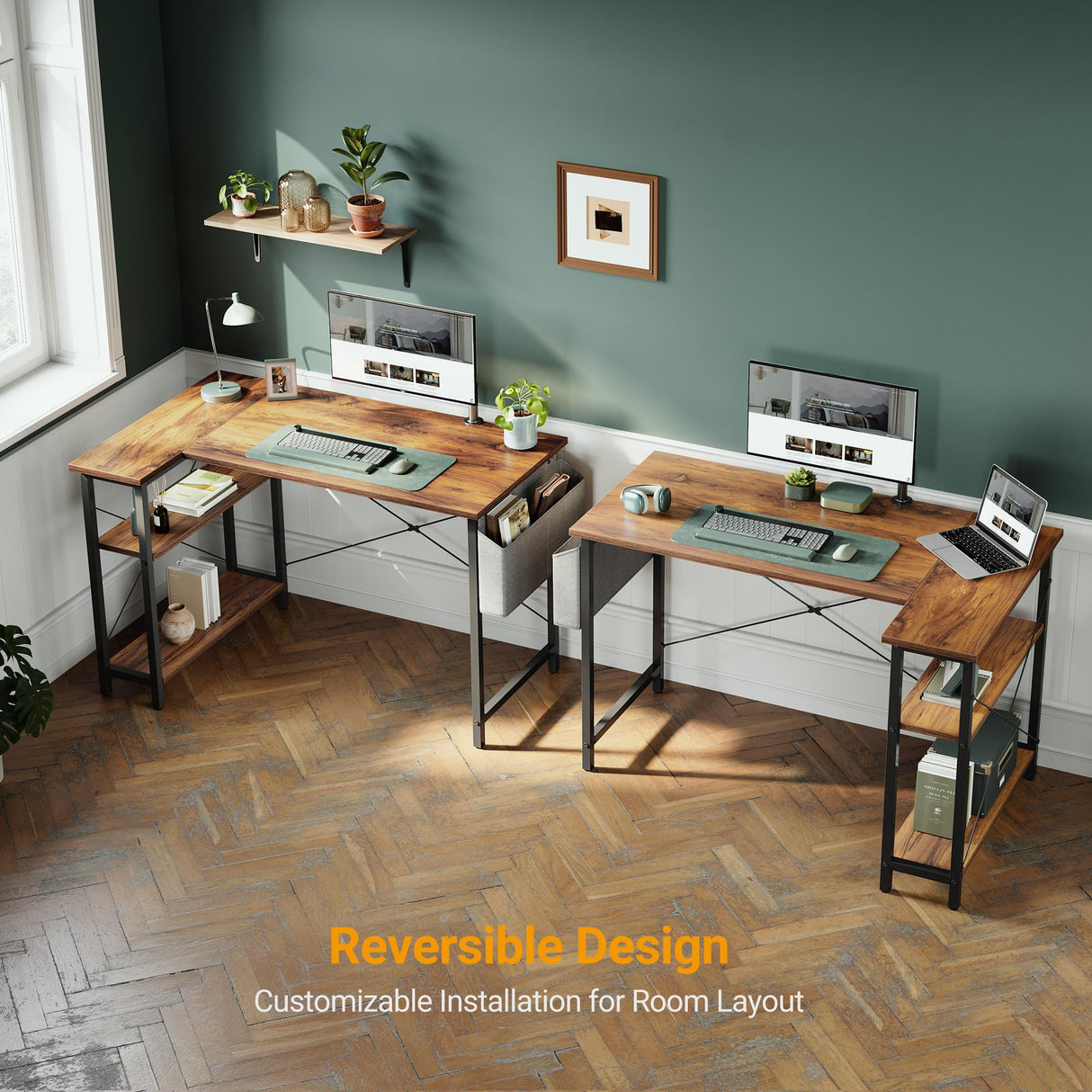 CubiCubi L Shaped Desk, 55 Inch Computer Desk with Reversible Storage Shelves Home Office Corner Desk Study Writing Table, Deep Brown CubiCubi