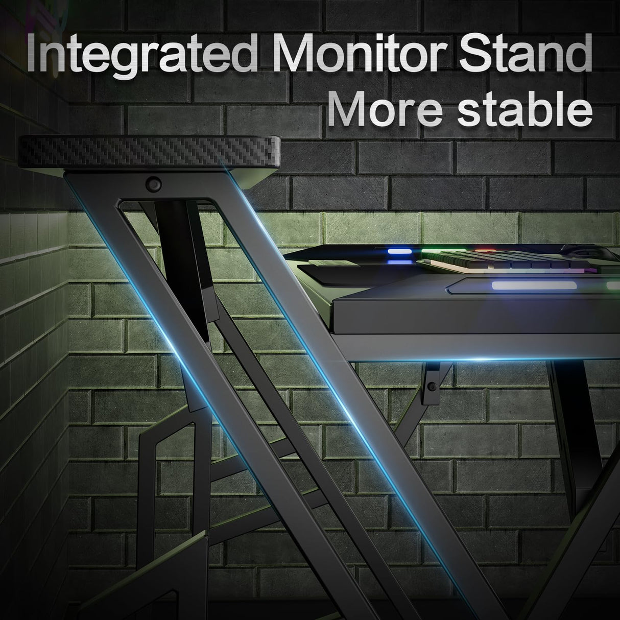 47 Inch Gaming Desk with Led Lights & USB Ports & Power Outlets, Upgraded Integrated Monitor Stand Computer Desk, Gamer Desk for Small Space, Black Carbon Fiber Surface Gaming Desk Czlolo