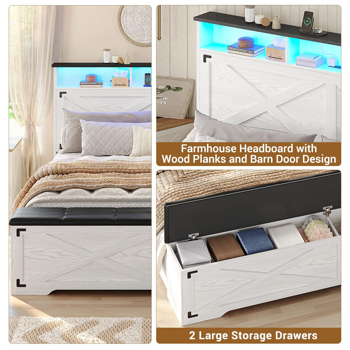 Hasuit Queen Size Bed Frame with Storage Ottoman, Farmhouse Bed Frame with Charging Station and Led Light, Headboard with Storage Rack, Metal Slats, No Noise Design, No Box Spring Needed,Walnut White Hasuit