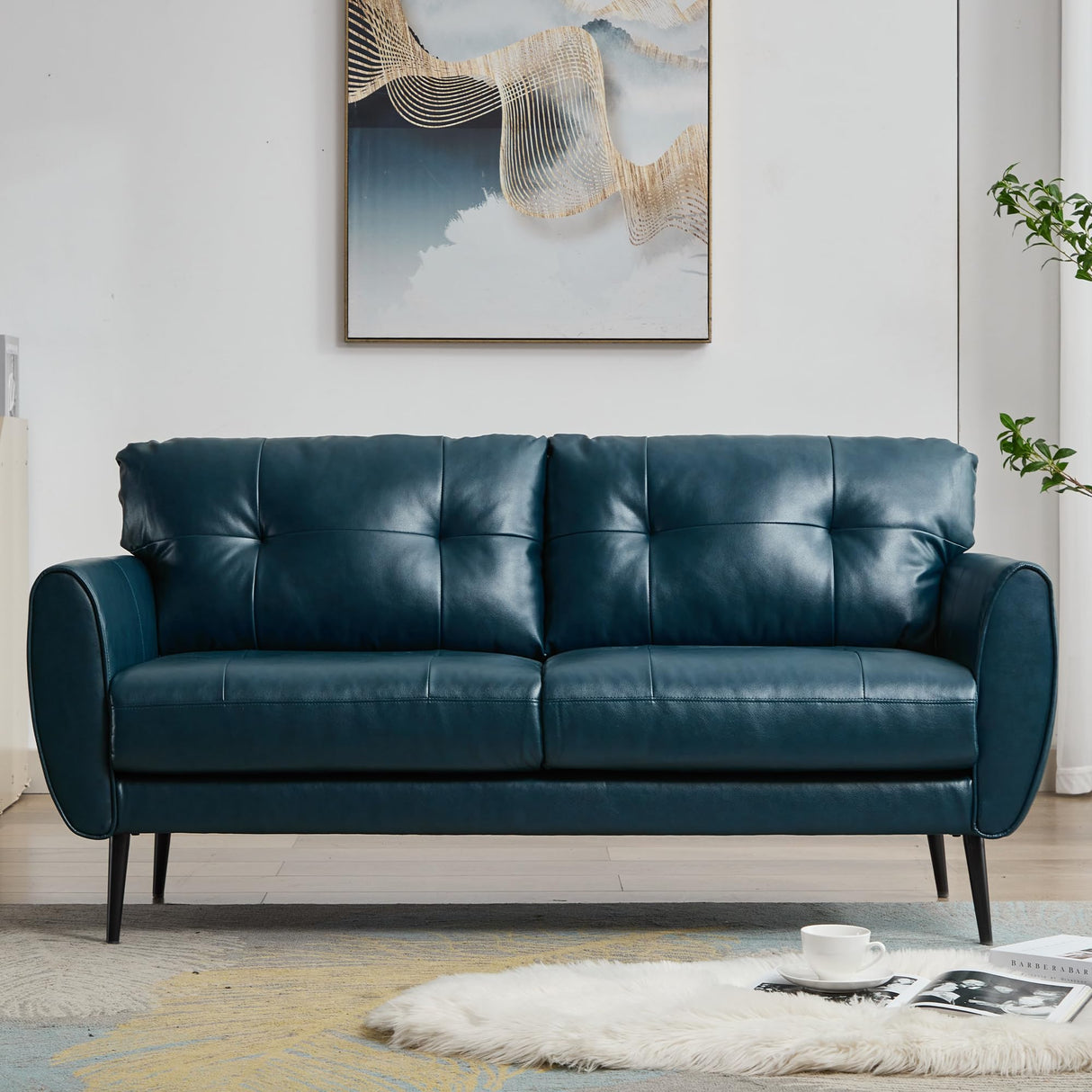 Sofa Couch 61" Small Loveseat Couches for Living Room Blue Leather Couch Mid Century Modern Tufted Mini Sofa Comfy Office 2 Seat Settee Love Seat Small Couches for Small Spaces Bedroom (1, Teal Blue) TYBOATLE