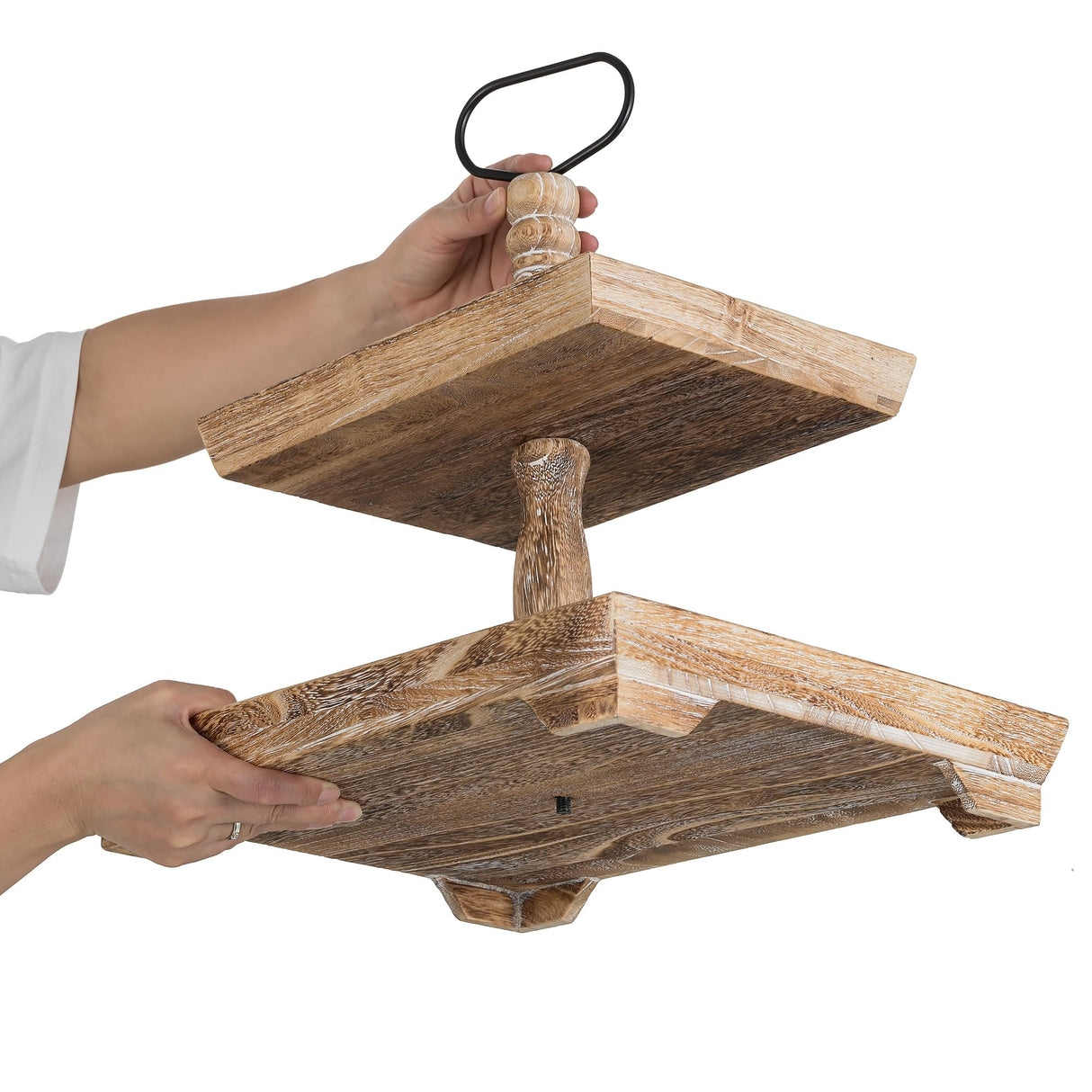 Hanobe Tiered Tray for Table Decor: 2 Tier Serving Stand Farmhouse Decorative Tray for Coffee Bar Centerpiece Rectangle Wood Display Stands Kitchen Counter Hanobe