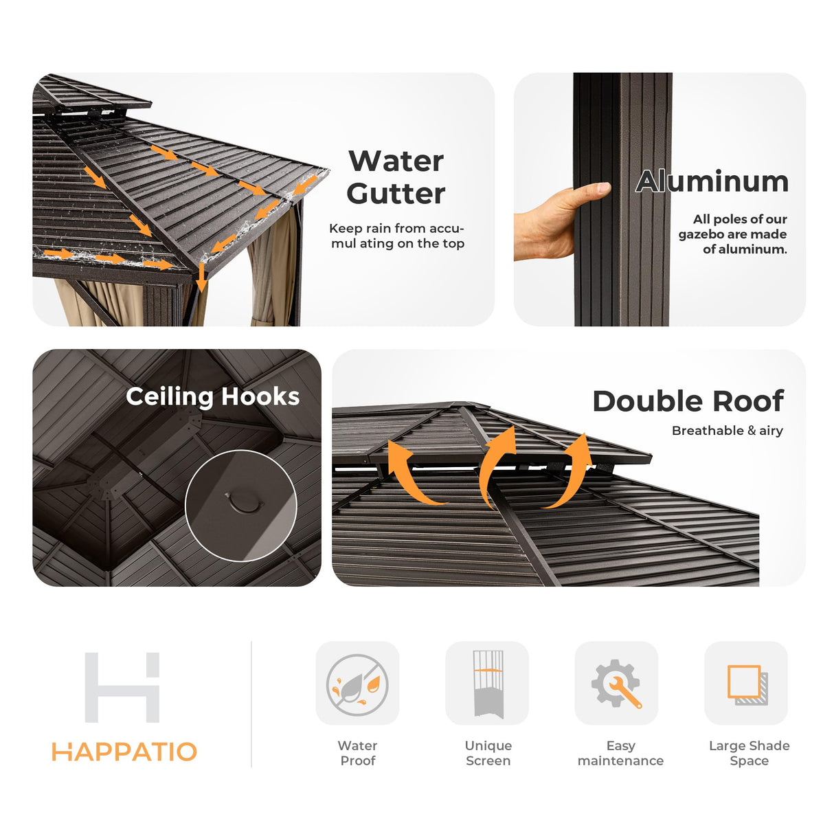 HAPPATIO 10' x 12' Hardtop Gazebo with Aluminum Frame, Outdoor Gazebo Hardtop with Galvanized Steel Double Roof for Deck, Backyard, Patio, Lawns (Brown) HAPPATIO