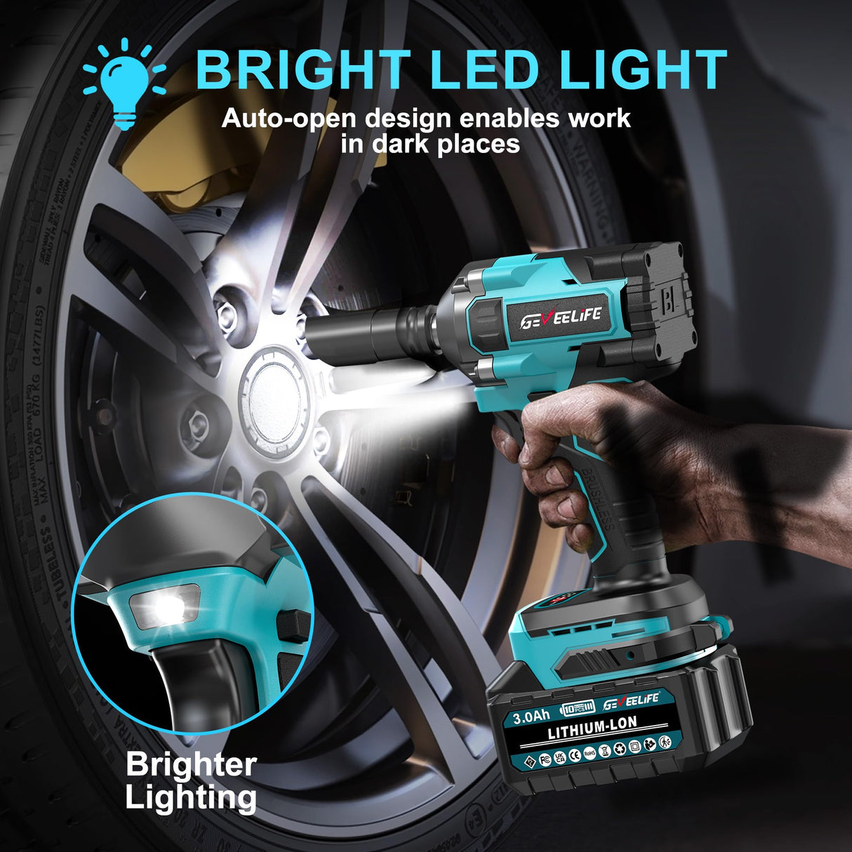 GEVEELIFE 550N.m/400Ft-lbs Brushless Impact Wrench,1/2" Cordless Impact Gun w/ 2x3.0Ah Battery & 6 Sockets, 2450RPM Power Electric Impact Driver for Car/DIY Furniture/Lawn Mower, Blue Toolbox GEVEELIFE