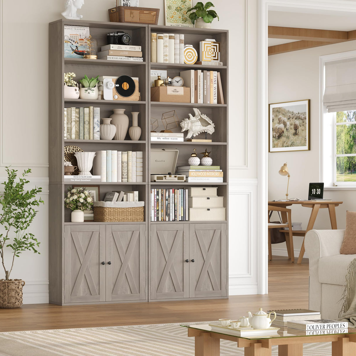 FACBOTALL 82" Tall Bookcase and Book Shelf, 24" Wide Bookshelf with Doors, 7 Tier Bookcase with Storage and Adjustable Shelf, Open and Display Farmhouse Bookshelf for Living Room, Home Office, Gray FACBOTALL