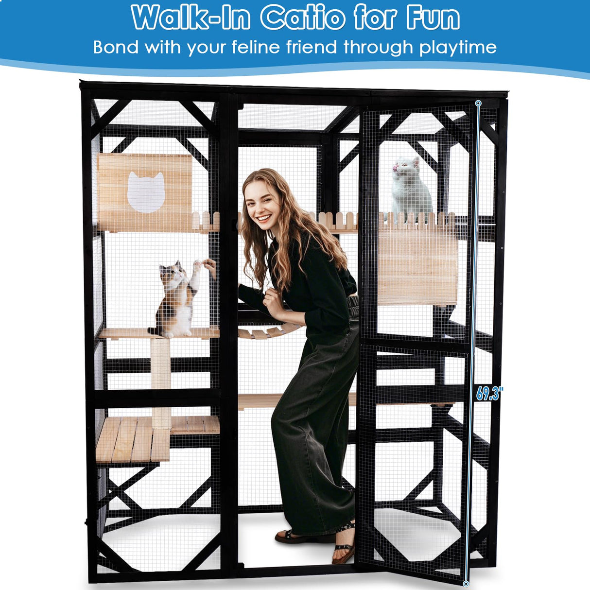 FunXplore Large Catio Outdoor Cat Enclosure Window 73" H Walk-in Cat House Kitty Cage for Multiple Indoor Outdoor Cats Outside Patio with 5 Access Doors Waterproof Roof FunXplore