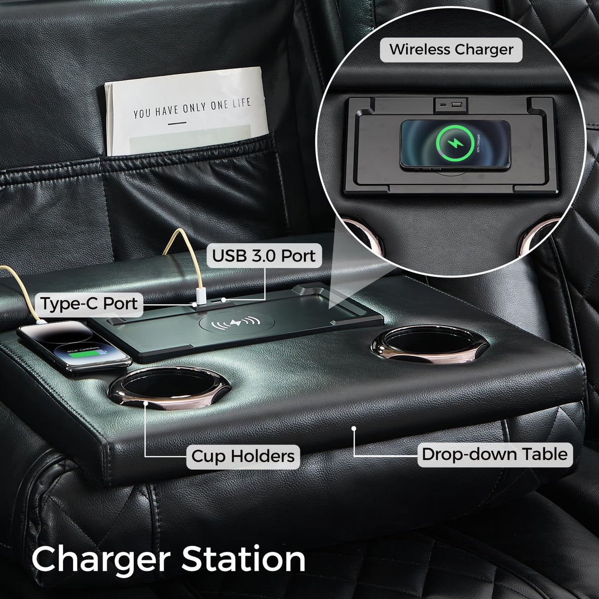 Power Recliner Sofa Set of 3 Pieces with Adjustable Headrest, Wireless Charger for Living Room, Electric Reclining Couch, Faux Leather 3 Seaters and Loveseat and Theater Chair with LED Lights, Black Comfort Stretch