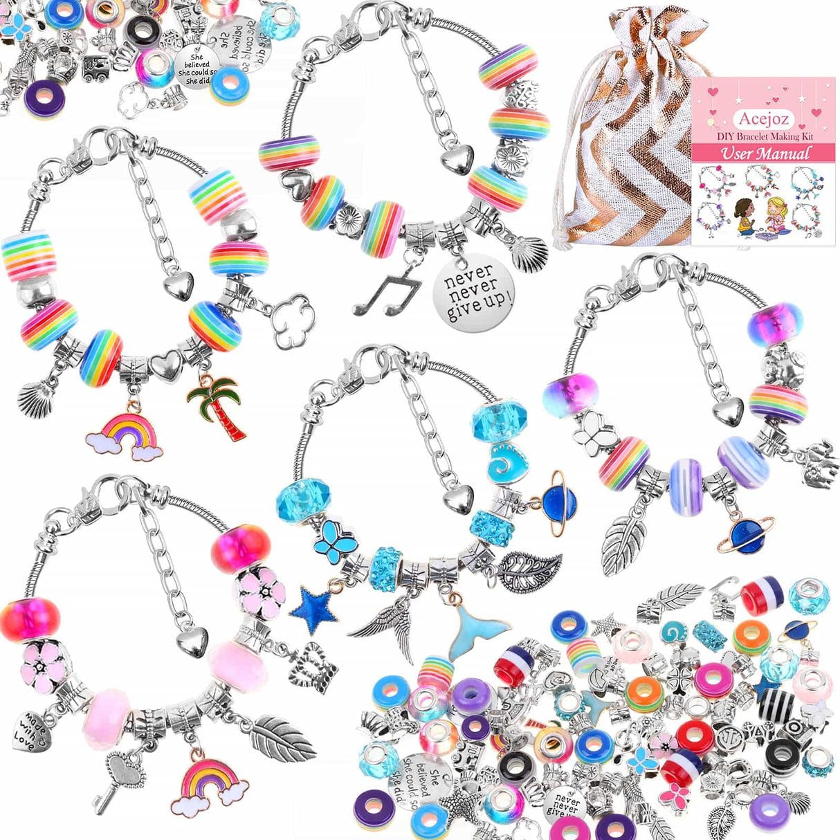 Acejoz 85 Pcs Charm Bracelet Making Kit, DIY Charm Bracelets Beads for Adults and Beginner Jewelry Making Kit Acejoz