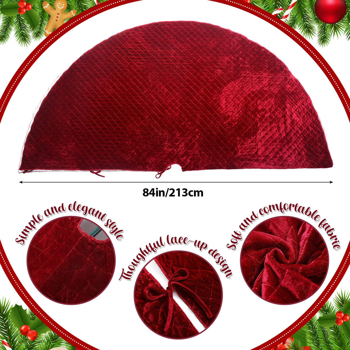 Vertintong 84 Inch Large Christmas Tree Skirt Deluxe Red Velvet Christmas Tree Skirt with Quilted Cuff for 12ft Christmas Tree Decorations Xmas Home Winter Holiday Party Decorations Vertintong