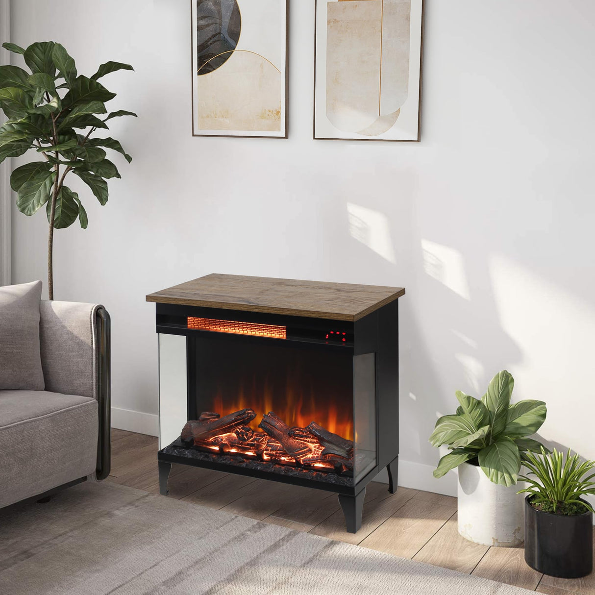 Innoflame 24" Electric Fireplace Heater, 3-Sided Glass & Wooden Top Design, Adjustable 4 Flame Colors, Remote, Timer, 1500W Infrared Heater w/Overheat Protection, Fireplace Heaters for Indoor use Innoflame