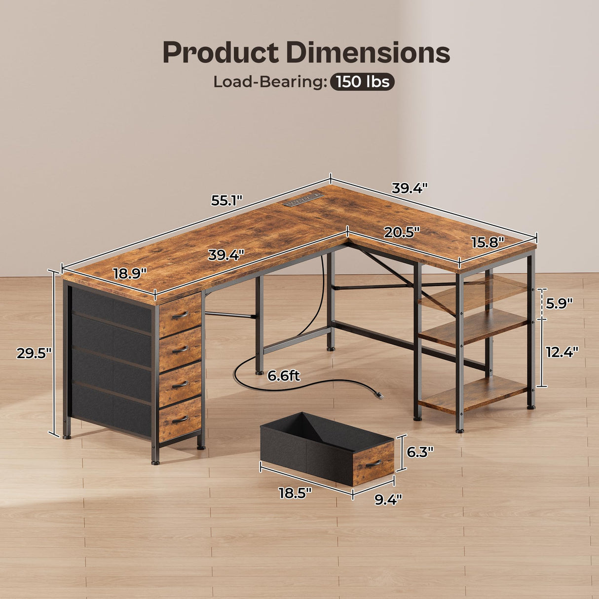 Huuger 55 Inch L Shaped Desk with Fabric Drawers, Reversible Computer Gaming Desk with Power Outlets and USB-C Port, Adjustable Side Storage Shelves, for Work Study Corner Home Office, Rustic Brown Huuger