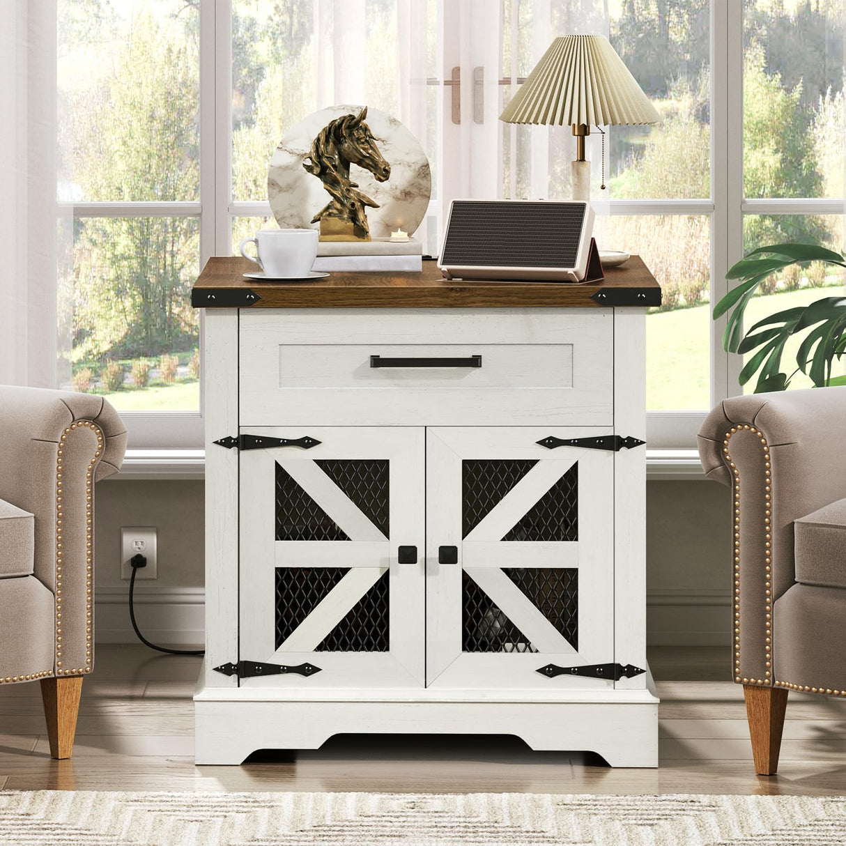 RALGEND White Farmhouse End Table with Charging Station, 24" Large Sofa Side Table with Drawer, Large End Table for Living Room, Wooden Nightstand with Outlet, Square, White and Walnut 66BZUWH RALGEND