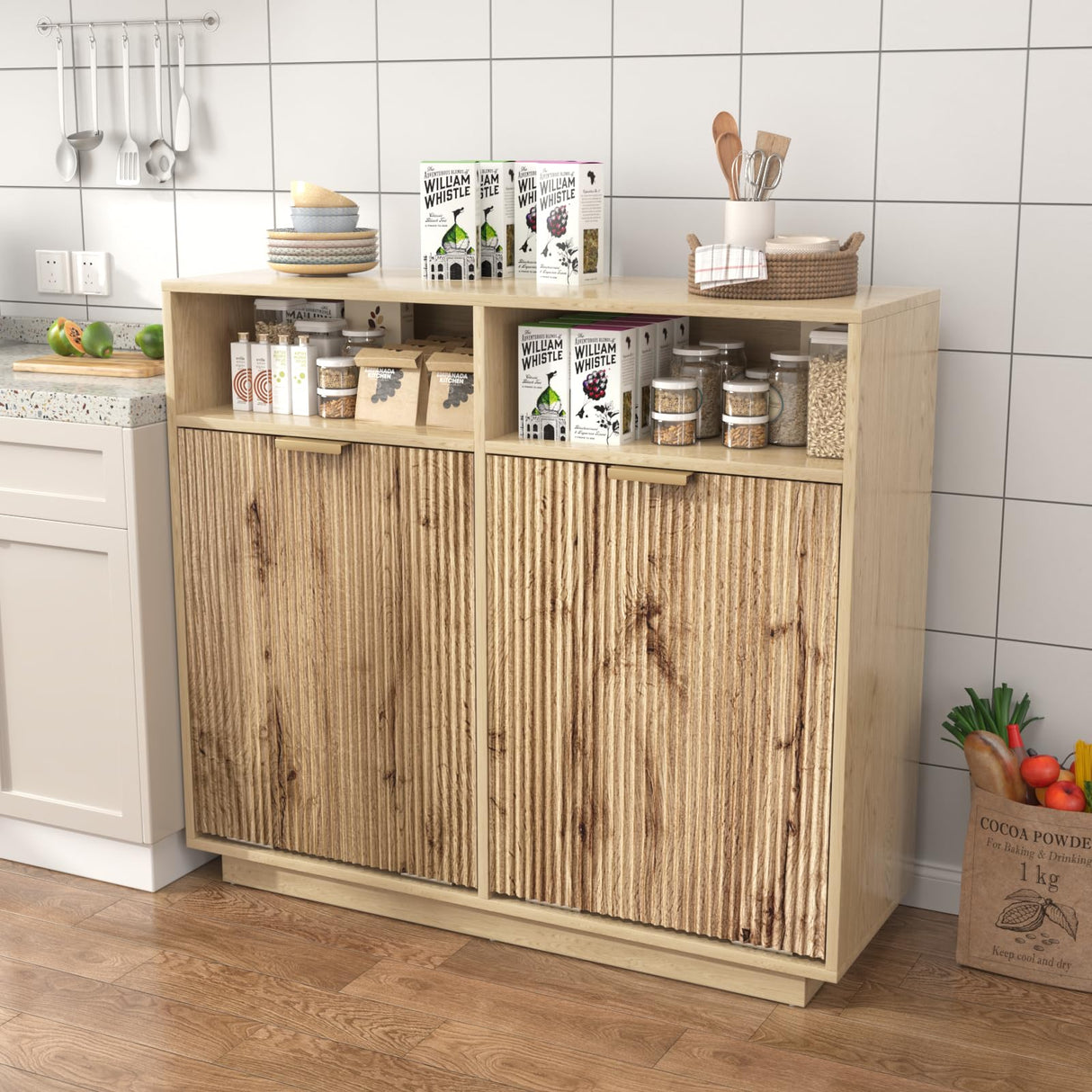 HSSZXFR 13 Gallon Trash Can Cabinet Wooden Fluted Furniture, Double Garbage Cabinet for Kitchens, Tilt Out Trash and Recycle Can Cabinet Combo Free Standing (Light Wood) HSSZXFR