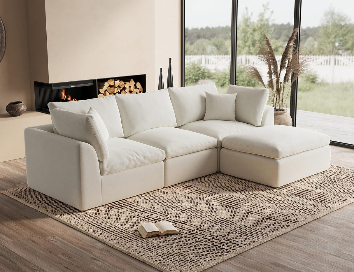 ohllob 110" Cloud Sectional Couches for Living Room, Convertible L-Shape Couch with Ottoman, 3 Seater Modular Sectional Sofa, Warm White ohllob