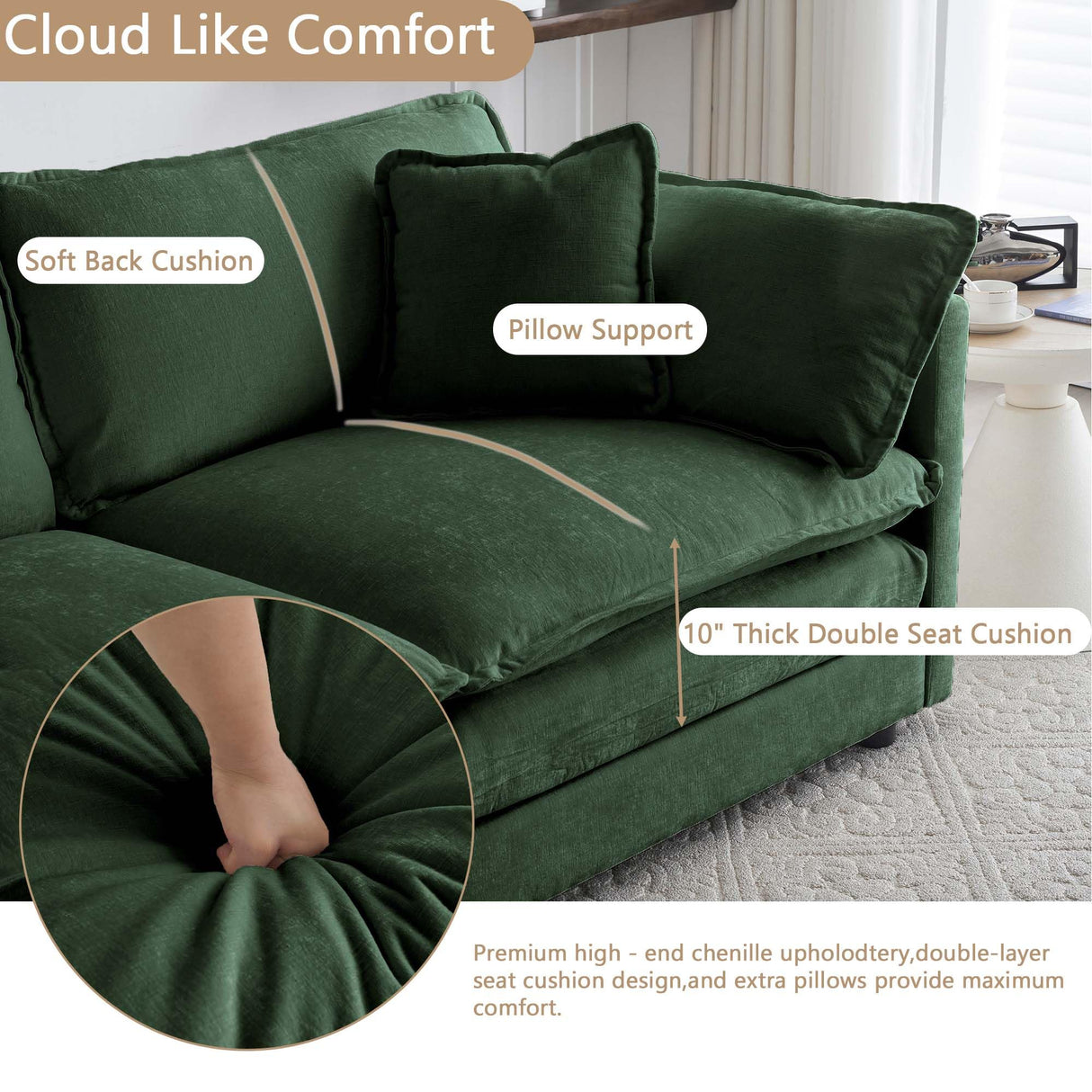 Ravy Concept Sectional Sofa 3 Seater with Movable 1 Ottoman,Oversized Modular Couch Deep Seat (Green, 111.5 inch-L) Ravy Concept