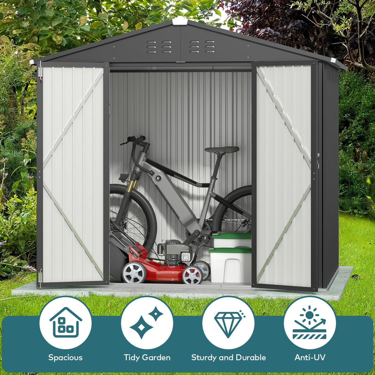 Gizoon Outdoor Storage Shed 8 x 6 FT, Galvanized Metal Garden Shed with Double Lockable Doors, Outdoor Storage Clearance for Backyard Patio Lawn-Dark Grey Gizoon