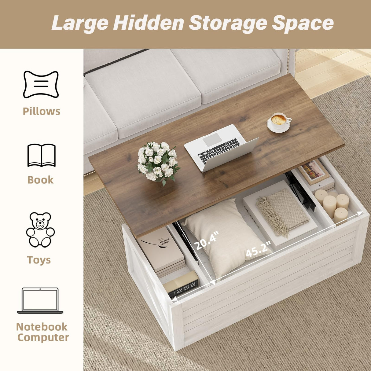 REVOMINCA Farmhouse Lift Top Coffee Table, 48" Large Coffee Table for Living Room, Wood Center Table with Hidden Storage Compartment and Sliding Barn Doors, White REVOMINCA