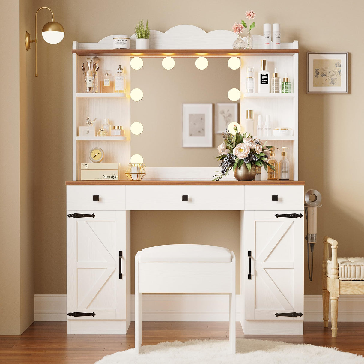 IRONCK Vanity Desk with Mirror and Lights, Farmhouse Makeup Vanity with Charging Station & Vanity Stool, Vanity Table with 3 Large Drawers and 2 Cabinets for Women Girls Bedroom, White IRONCK
