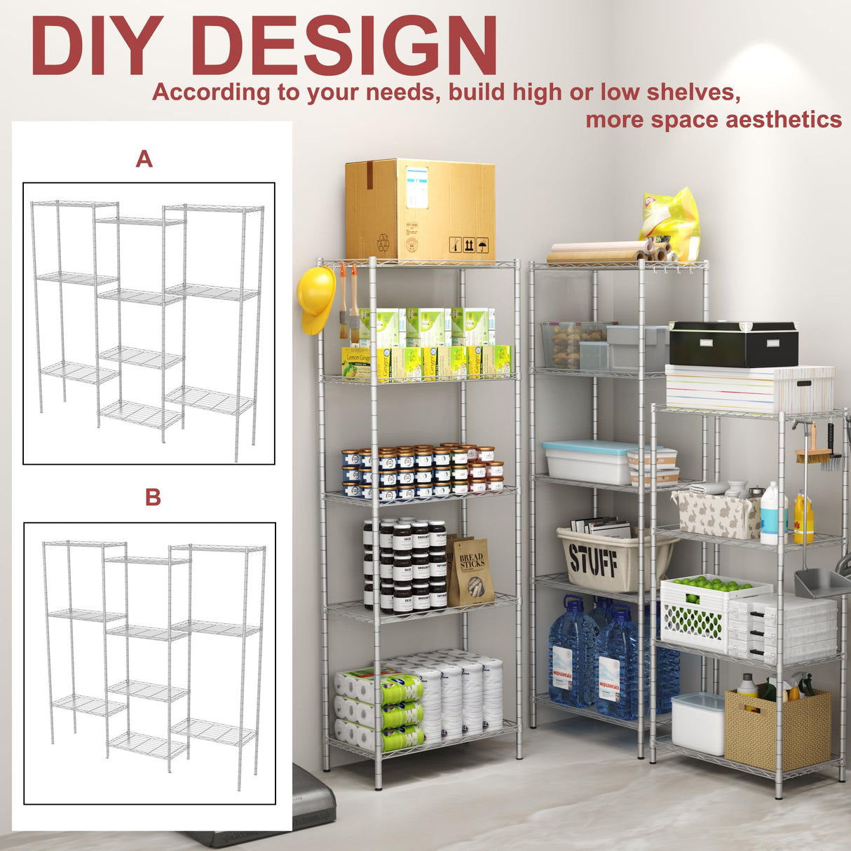 HOMEFORT 5-Shelving Unit, Adjustable Wire Shelving, Metal Wire Shelf with Shelf Liners and Hooks for Kitchen, Closet, Bathroom, Laundry,Sliver,21" W x 11" D x 59" H HOMEFORT