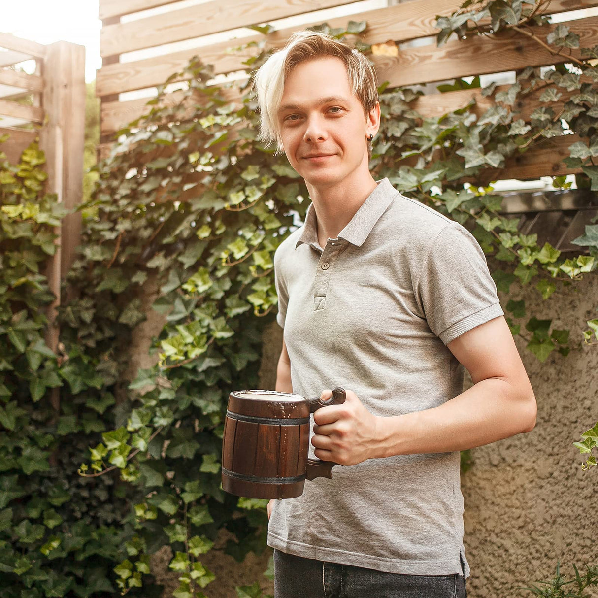 Handmade Wooden Rustic Beer Mug Real Oak Eco-friendly Wood Stainless Steel Cup 20 oz(600ml) Brown3 - Etno Motif Wood Viking Beer Mug Stein - Beer Tankard Irish Retro Halloween - Cowboys Beer Mug HOZPROM