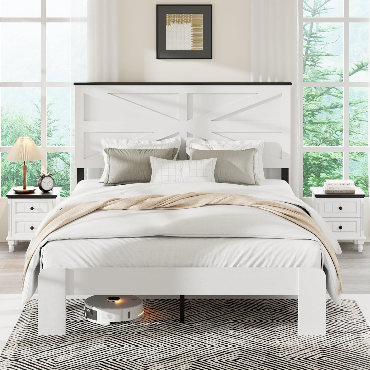 madeslves Farmhouse Full Size Wooden Bed Frame with Headboard, Boho Platform Bedframe, Sturdy Metal Slats Support, No Box Spring Needed, Noise Free, Easy Assembly, White madeslves