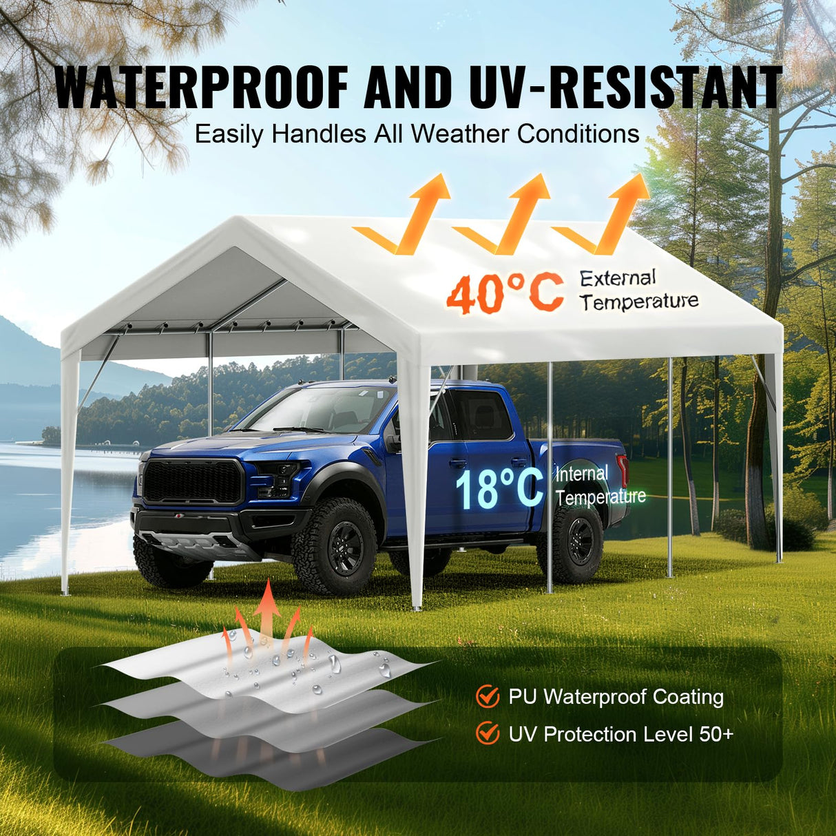 VEVOR Carport Replacement Canopy Cover 10 x 20 ft, Garage Top Tent Shelter Tarp Heavy-Duty Waterproof & UV Protected, Easy Installation with Ball Bungees,White (Only Top Cover, Frame Not Include) VEVOR
