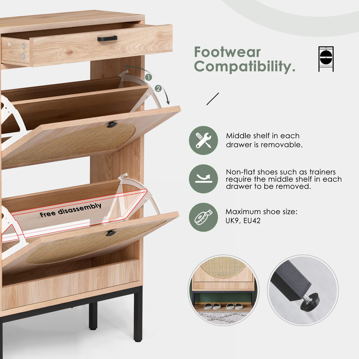 Yechen Shoe Rack Storage Organizer with 2 Natural Semi-Circular Rattan Doors, Entryway Wooden Shoe Cabinet for Sneakers, Leather Shoes, High Heels, Slippers (1 Piece, Oak) Yechen