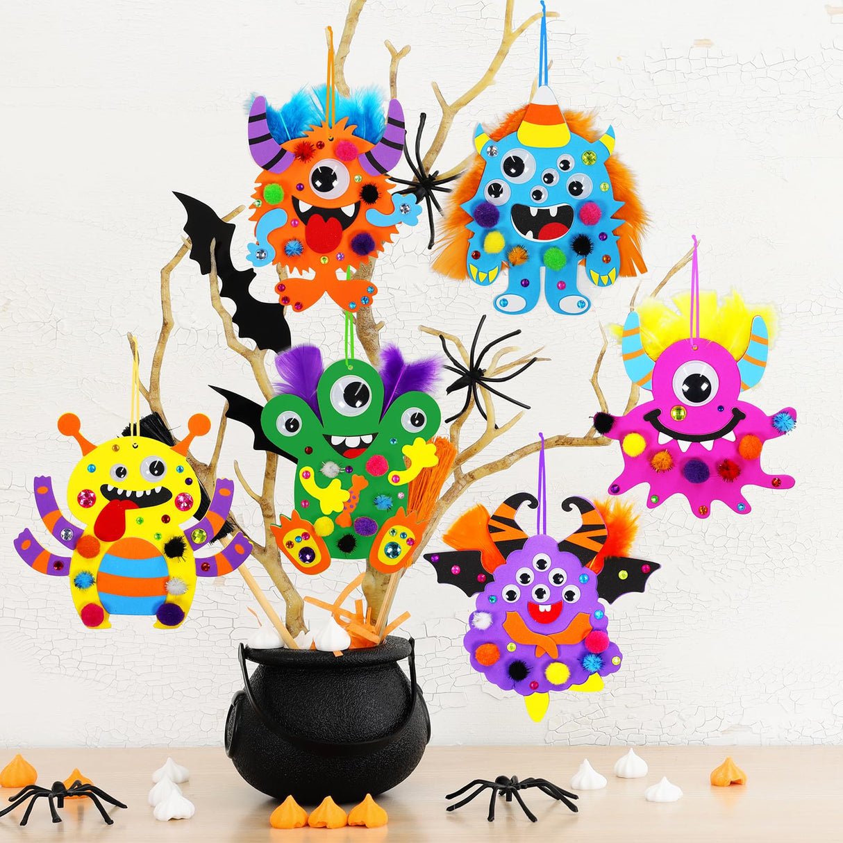 Winlyn 24 Sets Fall Kids Crafts DIY Monster Ornaments Decorations Art Sets Foam Monster Stickers Googly Eyes for Kids Autumn Halloween Classroom Party Activities Winlyn