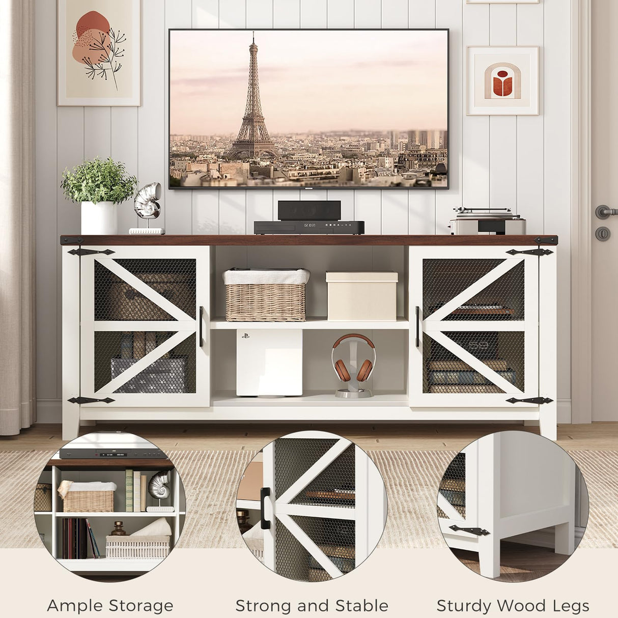 Algglobuy Modern Farmhouse Tv Stand for TVs up to 70 Inch, 58 Inch Entertainment Center with Iron Mesh Door & 2 Adjustable Shelves, Media TV Console Table for Living Room, White (White, 58 Inch) Algglobuy