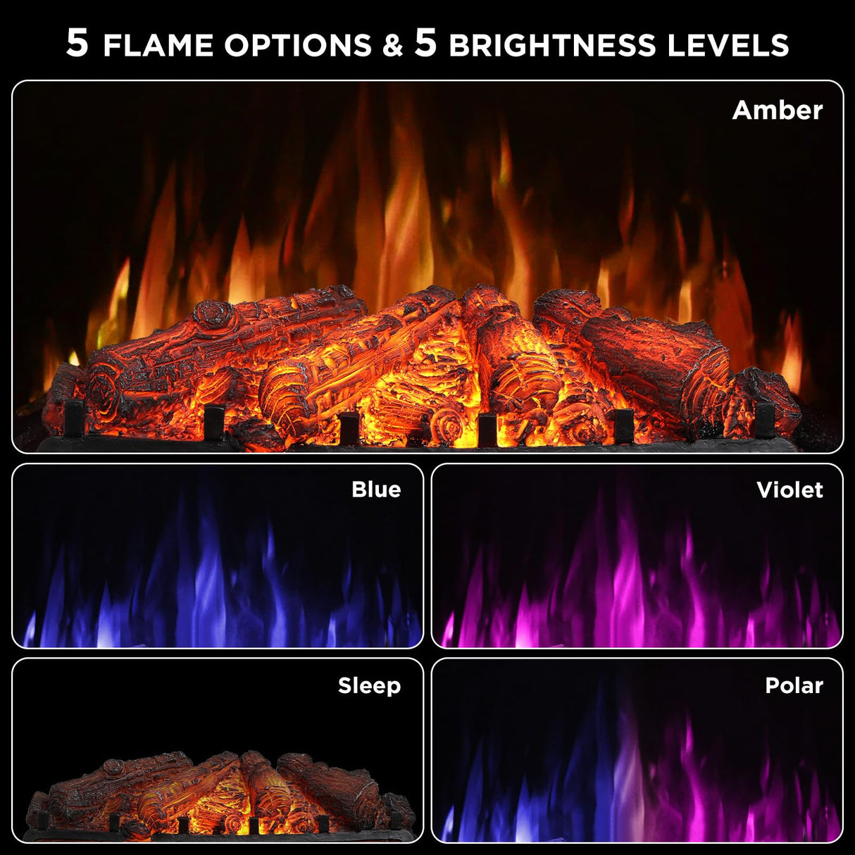 TURBRO Eternal Flame 26 in. WiFi Infrared Quartz Electric Fireplace Log Heater with Sound Crackling, Realistic Pinewood Logs, Adjustable Flame Colors, Remote Control, Thermostat, Timer, 1500W Black TURBRO