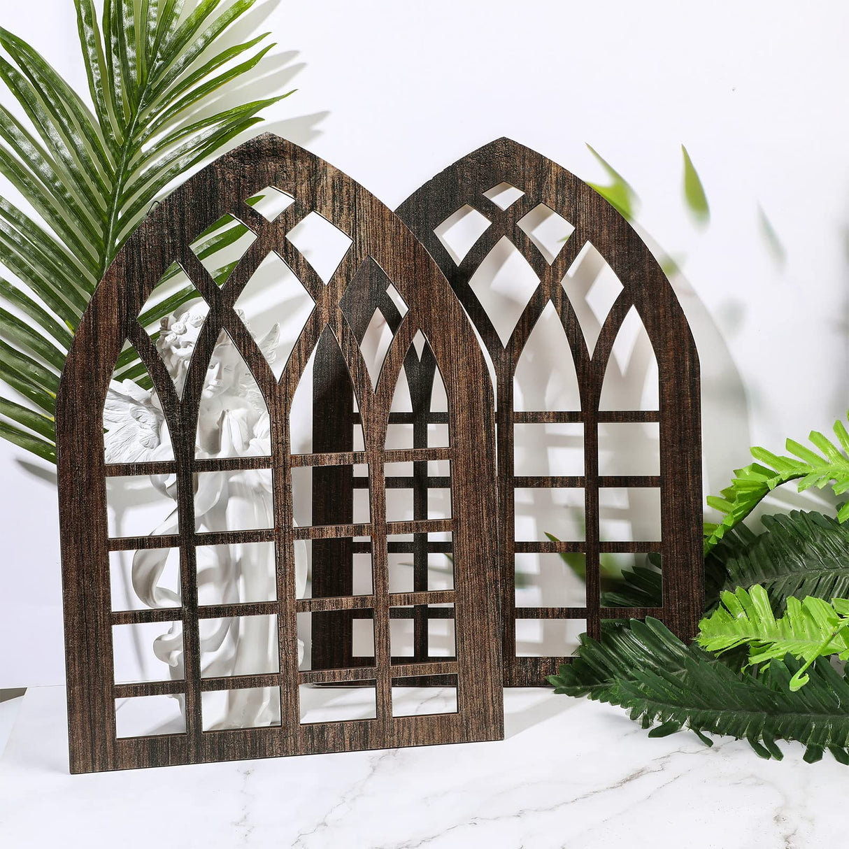 Yulejo 2 Pcs Rustic Window Frame Wall Decor Wooden Farmhouse Wall Decor 15.75'' x 11'' Arched Cathedral Window Home Decor Fake Window Pane Wall Art for Entryway Living Room Bedroom(Dark Brown) Yulejo