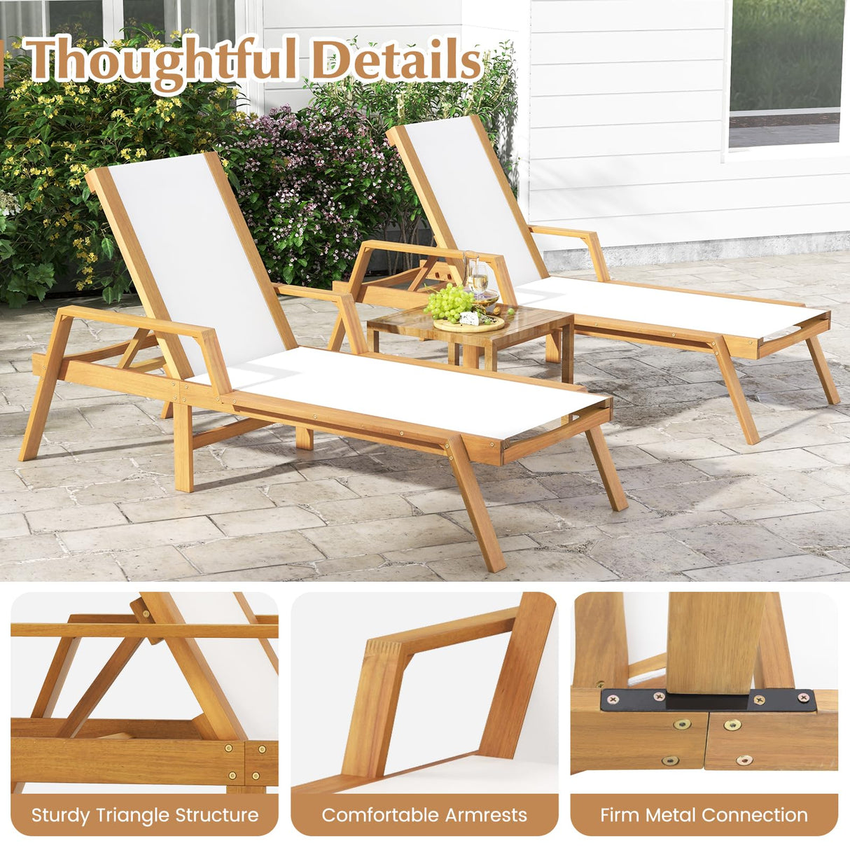 Tangkula Patio Chaise Lounge Chair, 5 Position Adjustable Acacia Wood Patio Lounger, for Backyard, Porch, Poolside (1) Tangkula