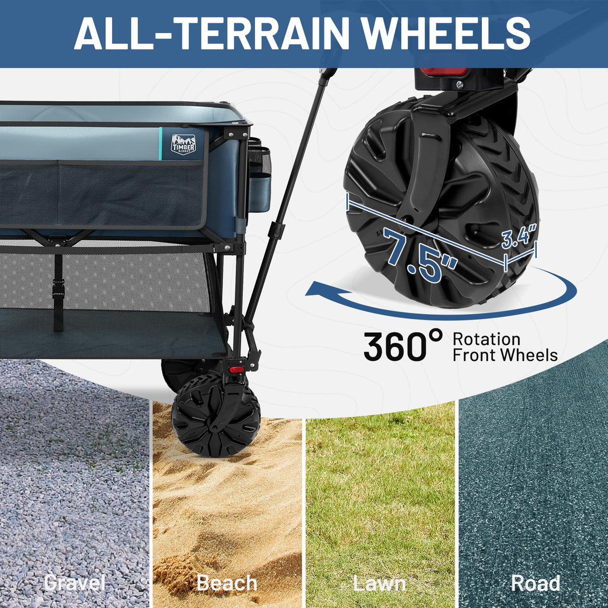 TIMBER RIDGE 400L Large Capacity Folding Double Decker Wagon, 54" Extra Long Extender Wagon Cart, 450lbs Heavy Duty Collapsible Wagon, All-Terrain Big Wheels for Camping, Sports, Shopping, Blue TIMBER RIDGE