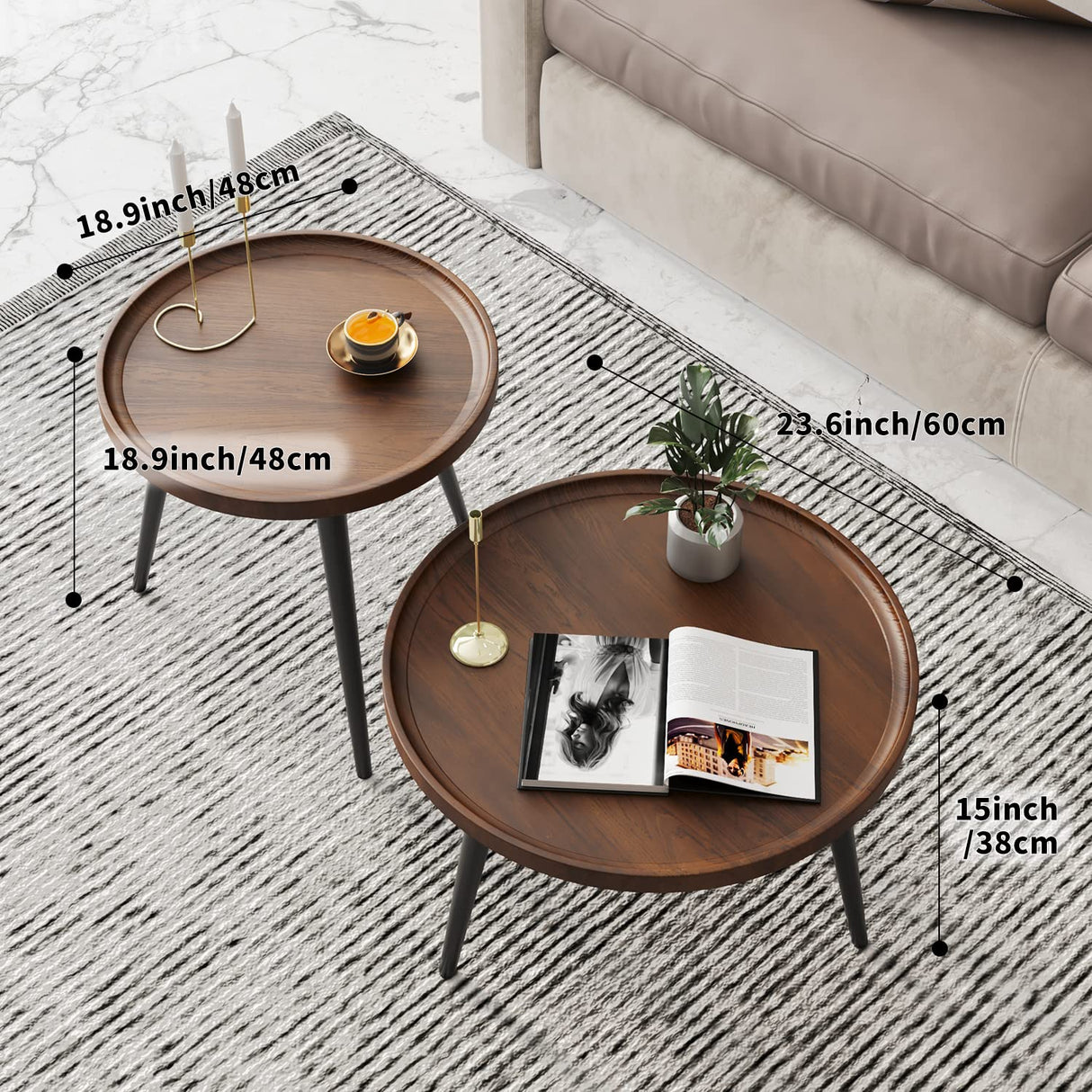 Semjar 2-Piece Mid Century Modern Round Walnut Coffee Table Set for Living Room,Easy Assembly Nesting Coffee Tables,Small Circle Coffee Side Tables for Sofa Bedside Office Balcony Semjar