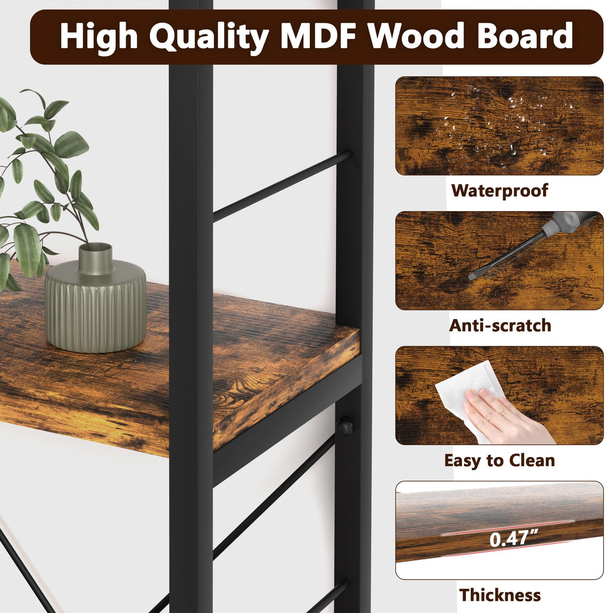 TEROL 7-Tier Corner Bookshelf, Reversible Wooden Shelves, Industrial Bookcase with Open Shelves and Sturdy Metal Frame, Display Shelf Storage Rack for Living Room, Bedroom, Home Office (Rustic Brown) TEROL