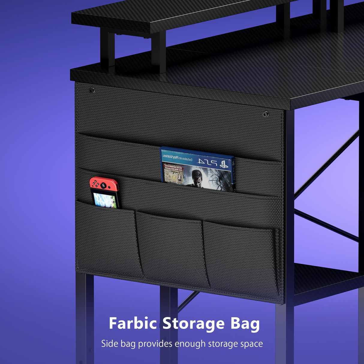 Maihail 51 inch L Shaped Desk with LED Lights & Power Outlets, Reversible Gaming Desk with Shelves & Monitor Stand, Computer Desk with Storage Side Bag,Corner Desk for for Bedroom Gaming Room, Black. Maihail