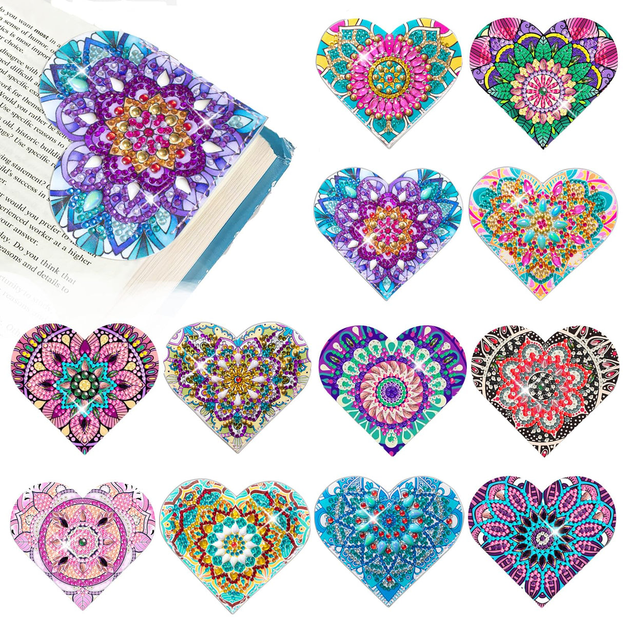 LINGFANG 12 Pcs Diamond Painting Bookmark, DIY Corner Book Makers for Adults Book Lovers, Diamond Dot Art Beginners, Small Diamond Art Kits, Paint by Art Crafts Gift for Women Girls (Heart Mandala) LINGFANG