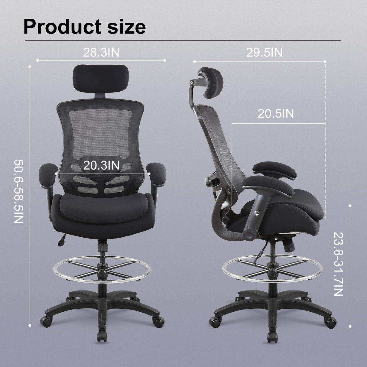 BOLISS High-Back Ergonomic Mesh Computer Office Drafting Chair with Super Soft Adjustable Arms Molded Foam Double Seat Cushion Adjustment Lumbar Support and Big Foot Ring - Black BOLISS