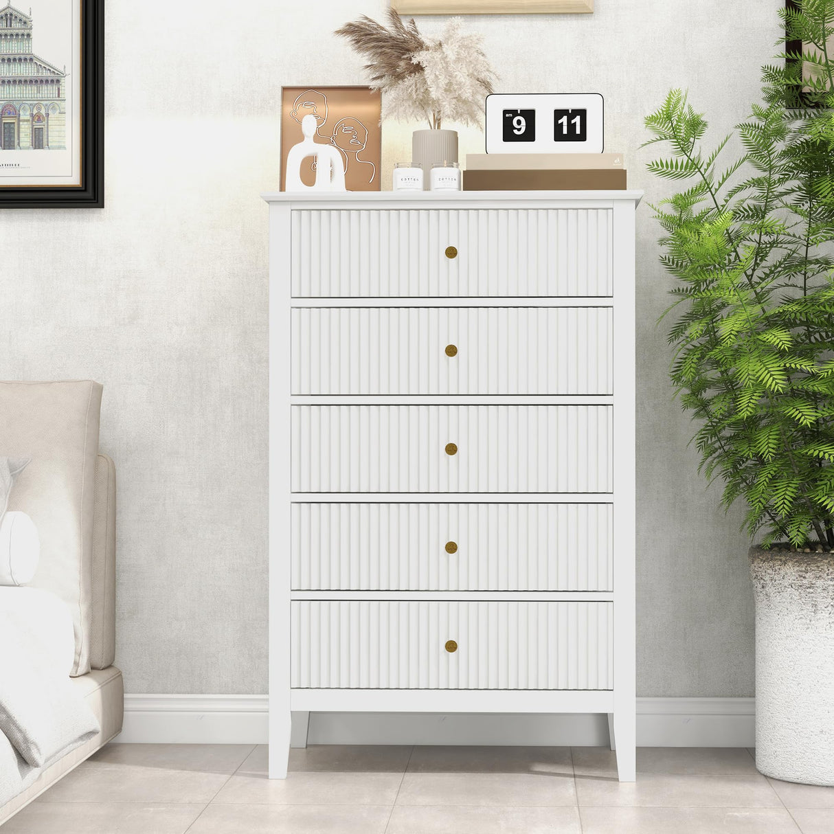 RoyalCraft White Fluted 5 Drawer Dresser for Bedroom, Tall Chest of Drawers with Ball Bearing Slide, Waterproof Lacquered Desktop,Modern Wood Storage Cabinet for Living Room RoyalCraft