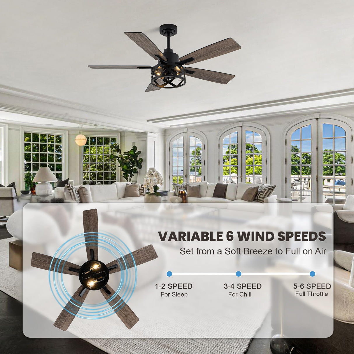 Dawn Whisper 52 Inch Farmhouse Ceiling Fans with Lights and Remote Quiet and Reversible DC Motor Black Industrial Rustic Caged Ceiling Fan for Bedroom Living Room Covered Patio Dawn Whisper