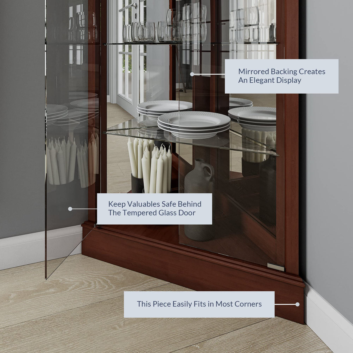 BELLEZE Lighted Corner Display Curio Cabinet Wooden Shelving Unit with Tempered Glass Door, Bar and Liquor Storage Area with 6 Shelves - Woody (Walnut) BELLEZE