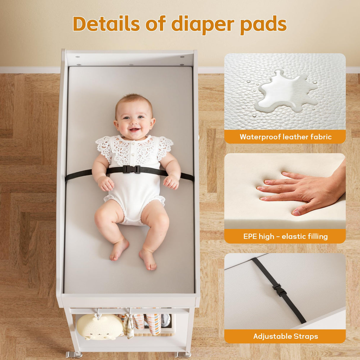 DTK Changing Table Dresser with Clothing Rack and Storage Shelf,3-Drawer Baby Dresser with Changing Table Top,Diaper Changing Station with Waterproof Pad,Mobile Dresser for Nursery,White DTK